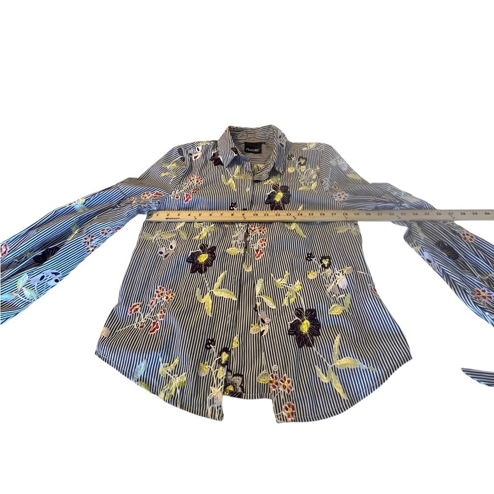 Nanette Lepore Embroidered Floral Stripe Balloon Sleeve Blouse Medium Boho - Picture 6 of 9